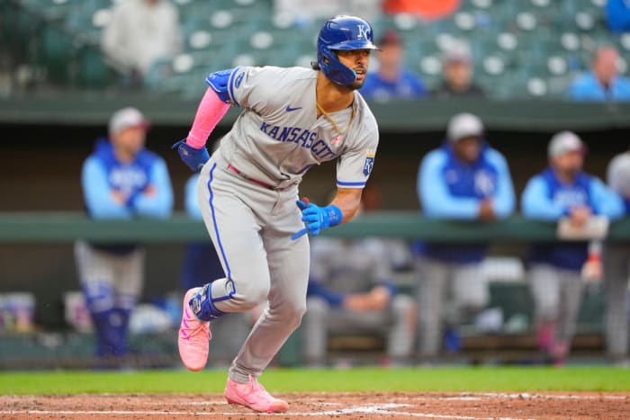 May 8, 2022; Baltimore, Maryland, USA; Kansas City Royals catcher MJ Melendez (1) runs out a double against the Baltimore Orioles during the fifth inning at Oriole Park at Camden Yards. Mandatory Credit: Gregory Fisher-USA TODAY Sports